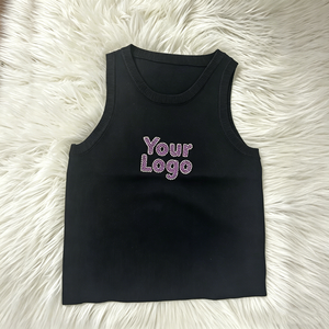 Top Corto de Punto Negro sin Mangas de Alta Calidad con Logotipo Personalizado, Top de <span class=keywords><strong>Tirantes</strong></span> con Pedrería Brillante y Bordado, Marca Personalizada para Mujer - Product Image 1