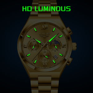 LIGE LG89196 Reloj cronógrafo de acero inoxidable para hombre Cara grande Tono dorado Fácil de leer Cuarzo analógico Números romanos Reloj de pulsera - Product Image 3