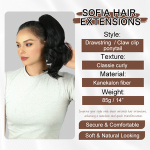 Extensiones de Cabello Sintético con Cola de Caballo Corta y Rizada Negra, con Clip y Cordón, Personalizables con Logotipo, Venta al Por Mayor <span class=keywords><strong>Juliana</strong></span> - Product Image 2