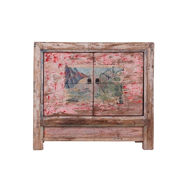 Antique Recycled Wooden Distressed Painted Living Room Storage Cabinet