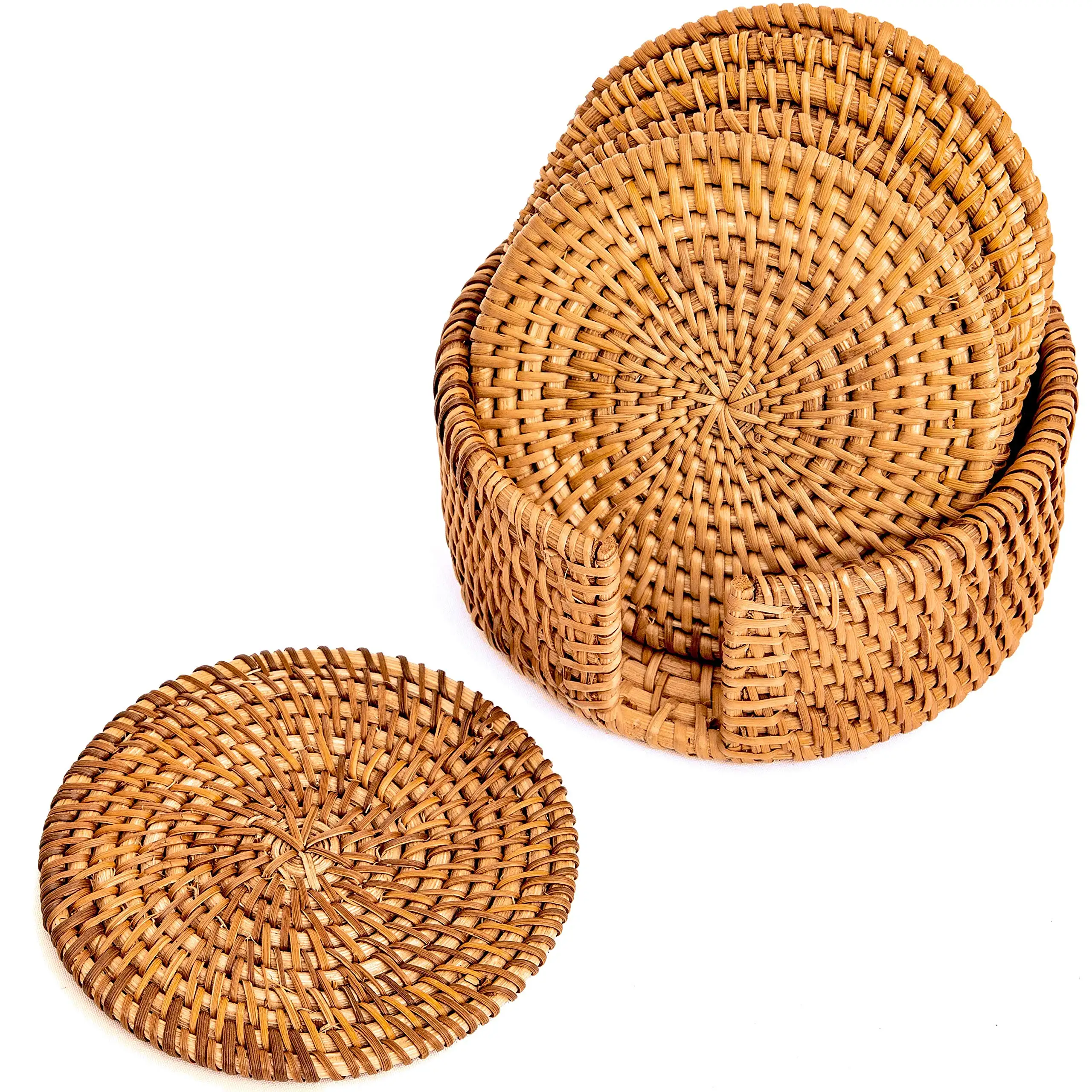 Porta-copo redondo de palha trançada, trivet para tecido, drenante, resistente ao calor, almofada, antiderrapante, 6 peças, conjunto com suporte