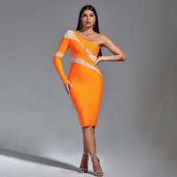 Robe Midi Bandage Orange Asymétrique à Épaule Dénudée avec Panneaux en Maille et Découpes pour Femme – Robes de Soirée Élégantes Grandes Tailles