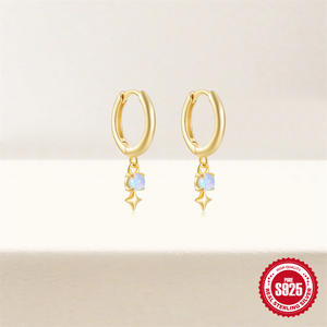 Pendientes de Aro de Plata de Ley S925 con Estrellas, Diamantes y Ópalo, Estilo Europeo y Estadounidense, Tendencia INS - Product Image 4