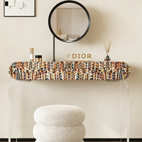 Table de toilette minimaliste italienne en acrylique flottante avec armoire murale de rangement finition luxe crème.