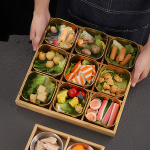 Assiette de cuisine carrée en acier inoxydable à 6 grilles, or et argent Boîte d'assaisonnement pour marmites chaudes Assiette à grille en bois Assiette à sel - Product Image 4