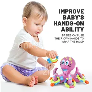 Zhorya Interactive Bath Toy Rubber Octopus Bathing Shower Toys Floating Purple Octopus With Hoopla Rings
