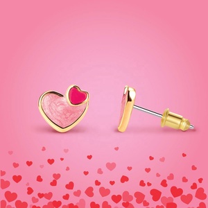 Bijoux pour enfants personnalisés, boucles d'oreilles en émail à double cœur, plaquées or, en acier inoxydable, bijoux à la mode pour filles, boucles d'oreilles pour enfants - Product Image 2