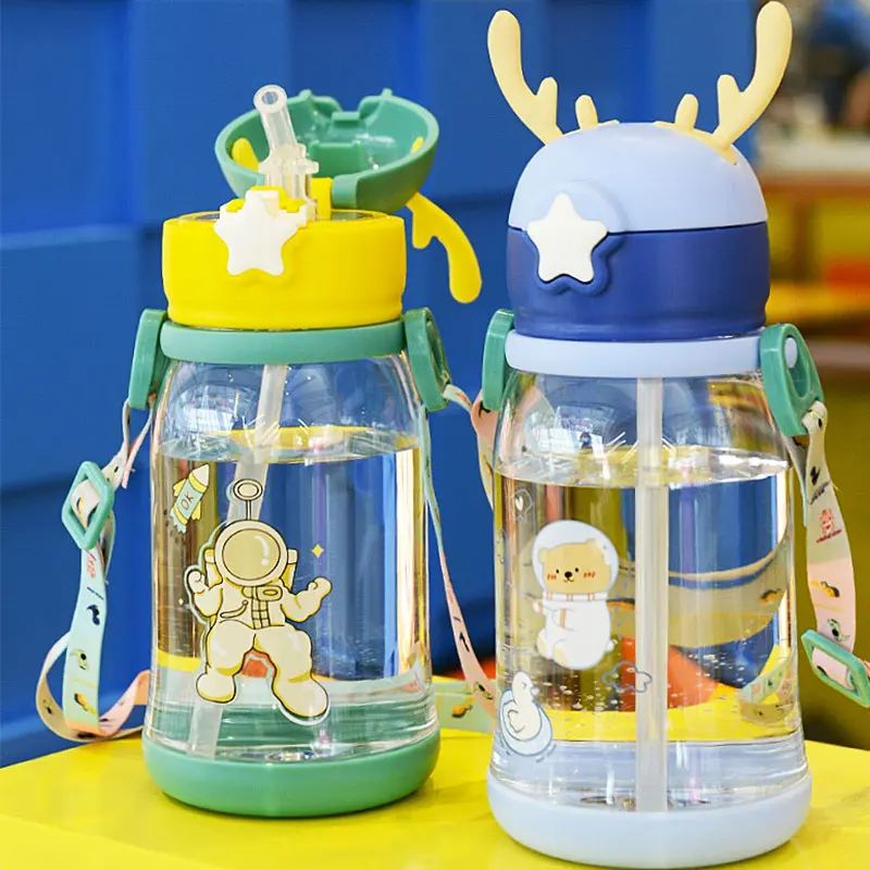 Wholesale Children Straw Water Cup Cartoon Antlers Summer Plastic Bottle Kindergarten Baby Kids Student 600ml Large Capacity