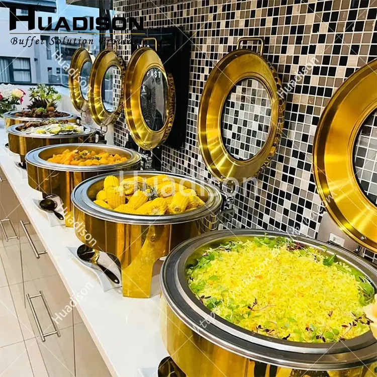 Équipement de restaurant Huadison chauffe-plats buffet réchaud de luxe en or royal avec couvercle en verre