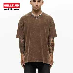 Custom Logo Streetwear Oversized Heavy Cotton Men's t-Shirts Graphic High Quality Print brown acid wash t shirt men