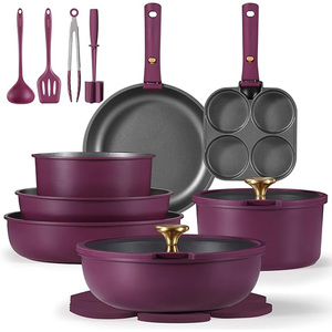 Geling basso MOQ RV alluminio viola cucina <span class=keywords><strong>pentole</strong></span> set buona <span class=keywords><strong>vendita</strong></span> 21 pz set <span class=keywords><strong>pentole</strong></span> e padelle antiaderenti - Product Image 1