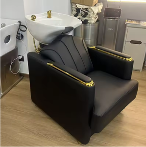 Chaise de shampooing de salon de luxe moderne blanche personnalisable, lavabo en céramique, cuir synthétique, accent doré, lit de shampooing inclinable pour barbier - Product Image 3