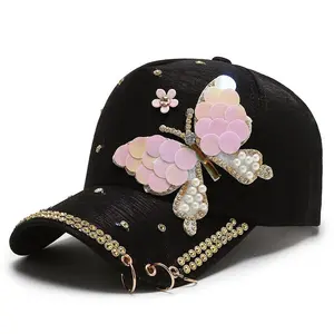 חדש קיץ מתכוונן מגן שמש מזדמן ספורט כובע אופנה יפה פרפר פאייטים בלינג ריינסטון כובע בייסבול לנשים בנות