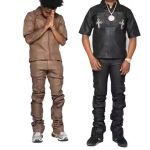 Custom Redesign Private Label Sweat Suits Men Leather Custom Logo Fit Two Piece Sweatsuit Set Leather Tracksuit - Product Image 1