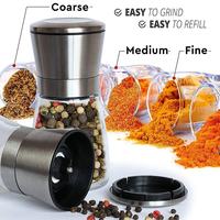 Molinillos ajustables de sal y pimienta de acero inoxidable, botes cortos de vidrio con ajuste de grosura para sal y pimienta en grano