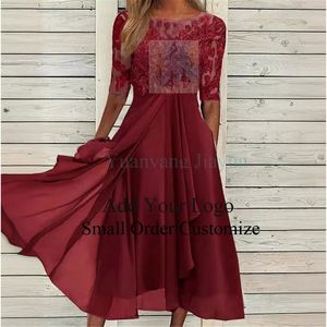 chinese dress ladies Berylove Women Dusty Rose A Line Casual Dress Scoop Long Sleeves Tiered Chiffon Tea Length Wedding Guest Dress, Burgundy / S