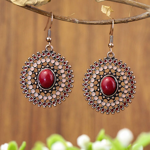 Fashion Dangle <b>Earrings</b> Alloy Zircon <b>Drop</b> <b>Earrings</b> Women's Party Jewelry Bohemian Ethnic Style <b>Red</b> Stone Bezel Setting - Product Image 3