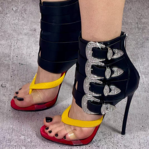 Summer Single PVC Band Clip Toe Ankle <b>Boots</b> Women Belt Metal Buckles Patchwork Short <b>Boots</b> High Heels Back Zipper Shoes - Product Image 1