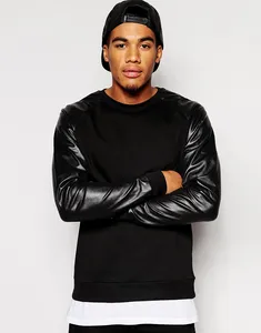 Deri tişörtü-erkek moda kore tarzı deri kollu hoodie