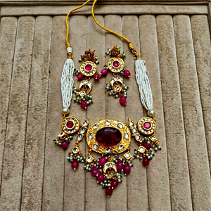 R.K. EXPORT Gold Plated Brass <b>Statement</b> <b>Necklace</b> Set with Red Zircon Imitation Pearl Tassel for Women's Wedding Ethnic Rajasthan - Product Image 1