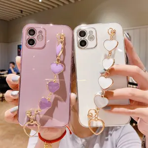 Luxury Love Heart Wrist Chain Bracelet Plating Phone Case para iPhone Xs Xr X Max 7 8 6 Plating Shockproof Protective Back Case