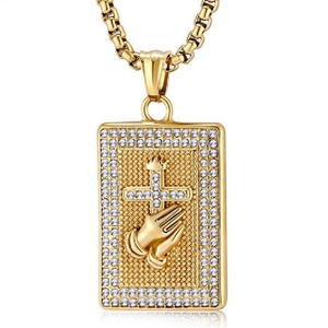 Collier Croix Mains Pliées Plaqué Or Hip-hop avec Zircon Incrusté, Bijou Pendentif Chrétien - Product Image 1