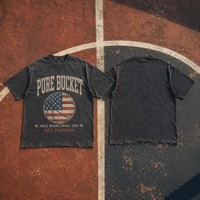T-shirt graphique en jersey 100% coton gris anthracite, imprimé drapeau USA, motif basketball, ourlet brut, style streetwear, Metour