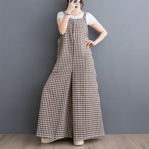 Y2180 nuova tuta a scacchi retrò da donna con vestibilità ampia e Slim, pantaloni a gamba larga, tuta oversize in cotone e lino - Product Image 3
