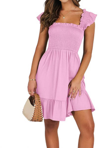 Vestido bohemio informal de verano para mujer, sin mangas, con espalda descubierta, cuello cuadrado, minivestido con volantes ahumados, vestido veraniego acampanado - Product Image 5