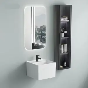 CaCa Customized Modern Square Small Size Wall Hung White Glazed Ceramic Bathroom Sink With Smart Mirror And Cabinet