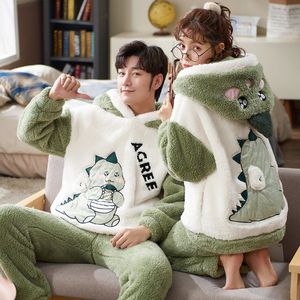 Parejas Pijamas Conjuntos Mujeres Hombres Invierno Espesar Pijamas Ropa de dormir Dibujos animados Dinosaurio Amantes coreanos Ropa de Casa Suave y cálido <span class=keywords><strong>Pijama</strong></span> Sudaderas con capucha - Product Image 2