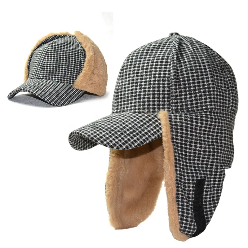 Chapéu de armadilha de soldado, chapéu russo Ushanka à prova de vento de inverno com aba de orelha de pele sintética, boné de beisebol grosso xadrez com aba aquecedora