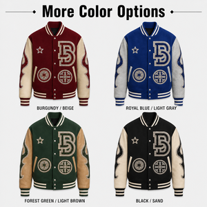 Giacca Varsity Personalizzata Doger con Strass, Rivetti, Fiamme, Bussola, Ricami Ornamentali, Maniche in Pelle, Giacca Varsity Pesante con Bordi a Costine - Product Image 6