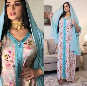 最新的jalabiya设计高品质优雅丝质长袍，带围巾女abaya花卉印花中东伊斯兰服装
