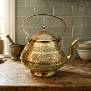 Oriental Metal Tea Kettle With <b>Lid</b> And Handle Decorative Gold Finish Water <b>Pot</b> - Product Image 2