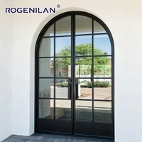 Puerta Francesa Arqueada de Doble Vidrio Personalizada Rogenilan, Puerta Exterior Doble de Aluminio con Acristalamiento Low-E y Rejillas