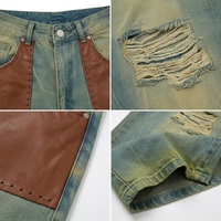 Jean Baggy Homme Vintage Délavé Effet Boue avec Patchwork Cuir et Détails Usés, Coupe Large, Denim Personnalisé 400g, 100% Coton Lourd