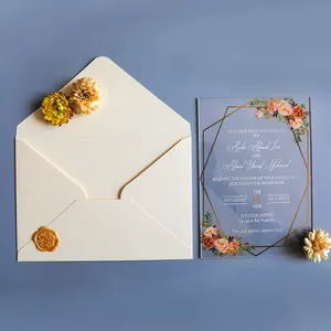 بطاقة دعوة زفاف رومانسية شفافة مخصصة من الأكريليك مع مظروف وختم شمعي لحفلة عيد الميلاد