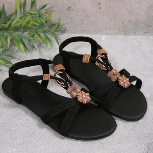Womens Boho Flat <b>Sandals</b> Flower Bead Decor <b>Elastic</b> Ankle Strap Summer Beach Casual Footwear - Product Image 3