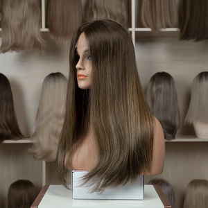 Perruques casher juives en cheveux humains bruts européens véritables, ombrées blondes avec mèches brunes, avec dentelle <span class=keywords><strong>ou</strong></span> dessus en soie, pour femmes - Product Image 2