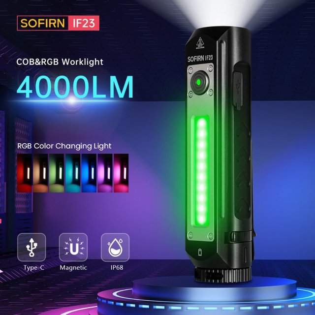 Sofirn IF23 4000 Lumens Powerful Rechargeable EDC Flashlight with Side RGB Light Power Bank Function
