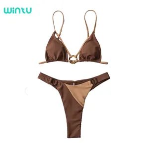 Women String Bikini Set Add Logo Sexy Thong Contrast Color Two Piece Swimsuits Solid Color Bathing Swimwear