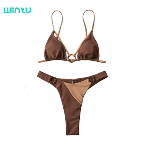 Conjunto de bikini de cuerda para mujer Añadir logotipo Tanga <span class=keywords><strong>sexy</strong></span> Color de contraste Trajes de baño de dos piezas Traje de baño de color sólido - Product Image 1