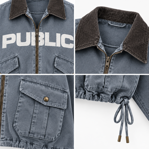 Customized Screen Print Zipper Short Loose Fit Denim <b>Jackets</b> 140z Casual Autumn <b>Wear</b> Unisex Corduroy Collar Men's Cropped <b>Jacket</b> - Product Image 2