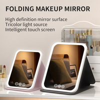 Miroir de maquillage portable pliable à LED, simple face, avec cadre en cuir PU, finition argentée, forme rectangulaire - Utilisation sur bureau