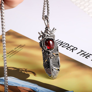 European American Style Feather Pendant <b>Necklace</b> With <b>Ruby</b> Inlay Bezel Setting Fashion Sweater Chain Charm SP435 - Product Image 1