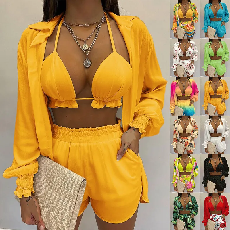 Großhandel 2024 neue Strandbekleidung weiß gelb Überwurf Bademode hohe Taille Bikini-Set Badeanzüge für Damen