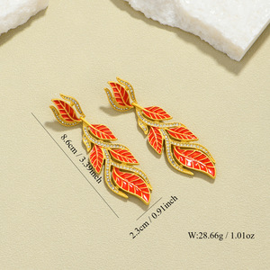 Leaf <b>Stud</b> <b>Earrings</b> Zinc Alloy Red Gold Plated Party Drop <b>Earrings</b> With Rhinestones Plant Pattern Jewelry B605 - Product Image 3
