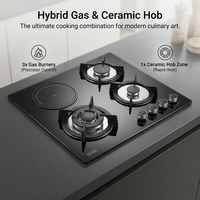 Cuisinière multifonction noire à quatre brûleurs avec surface en verre, encastrable, gaz et électrique, avec allumage électronique