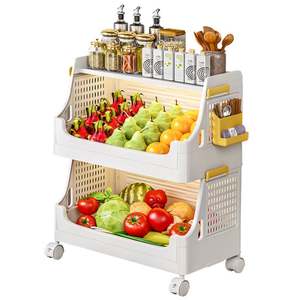 Modern Double-Tiered Wheeled Trolley Multi-Layer Household Kitchen Rack Movable <b>Plastic</b> Storage <b>Basket</b> for Vegetable Fruit - Product Image 3